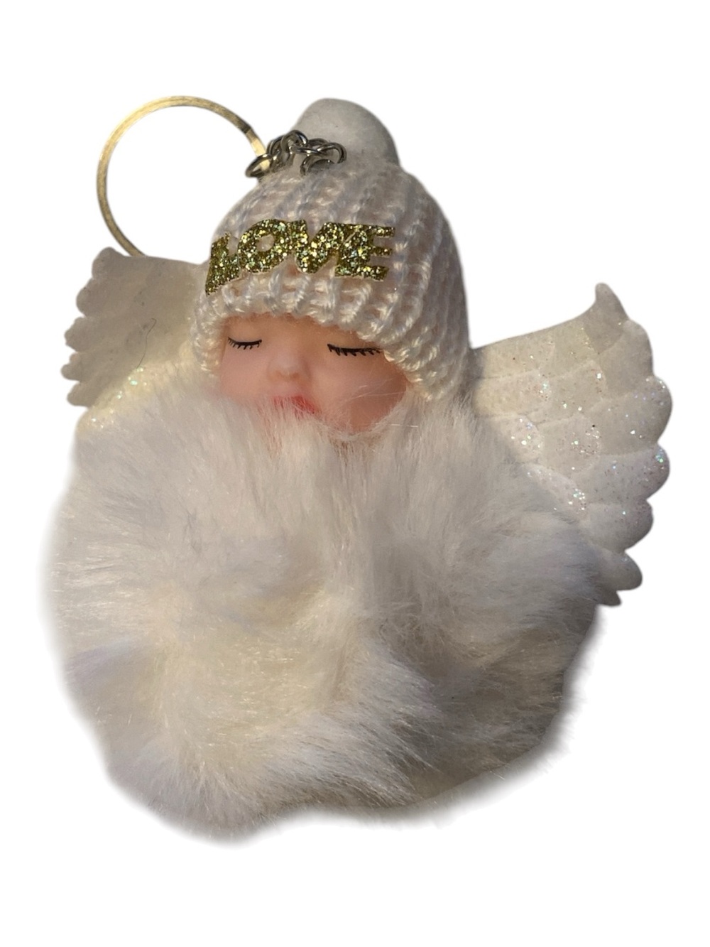 White Angel Pom Pom Keychain with Gold 'LOVE' Beanie